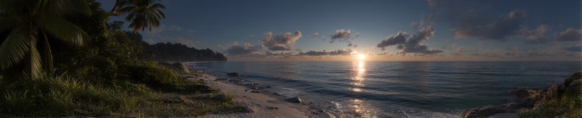 Obraz premium Tropical island beach sunset hdri panoramic view coastal environment equirectangular