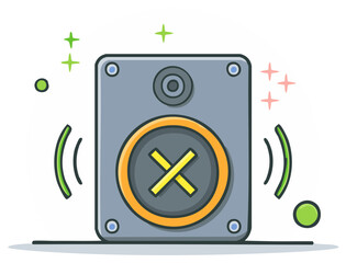 Stylized illustration of speaker with mute symbol, audio waves, and sparkles, representing silence, quiet, or audio issues.
