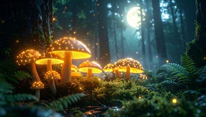 Mystical forest clearing with luminescent mushrooms, sparkling dew on ferns, moonlit canopy, soft radiant glow, crisp
