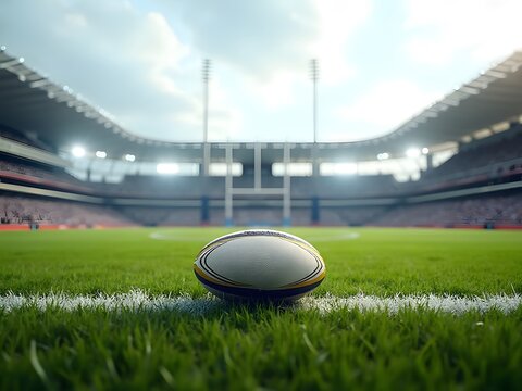 rugby ball on grass field near try line and goalposts - Powered by Adobe