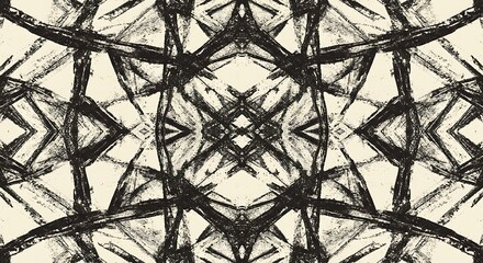 Abstract symmetrical artwork with charcoal lines on neutral backdrop