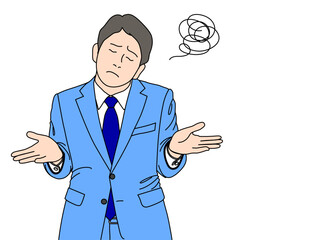 両手を広げて肩をすくめる お手上げポーズのサラリーマン男性のイラスト 上半身正面 青 カラー