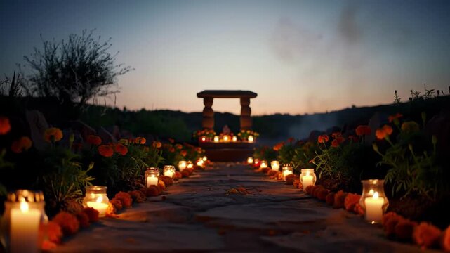 Dia de los Muertos - Candlelit Path to Altar at Dusk, Mexican Tradition.