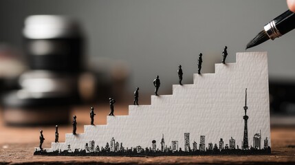 Miniature figures climbing staircase with hand painting city skyline, representing career growth, success journey, artistic creativity, and professional development with urban landscape illustration.