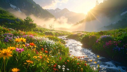 Enchanted valley with glowing mist, vibrant wildflowers, crystal-clear stream, ethereal light beams, captured in vivid 