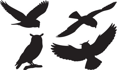 Cute funny silhouette vector set of various Owl birds illustration. owl icon set.