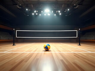 volleyball on indoor wooden court beside net