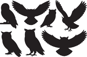 Cute funny silhouette vector set of various Owl birds illustration. owl icon set.
