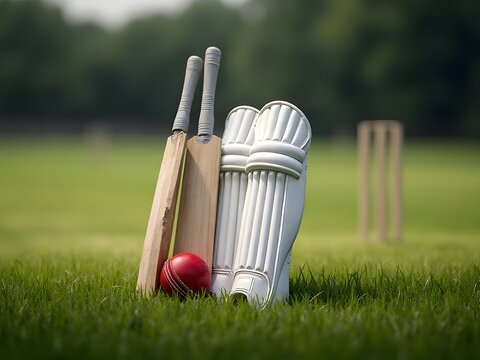 Cricket pads with bat and ball on field