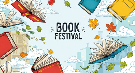 A whimsical hand-drawn illustration featuring "Book Festival" text, flying open books, autumn leaves, and clouds, ideal for literary events or educational promotions.