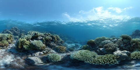 Fototapeta premium Underwater coral reef ecosystem exploration ocean hdri panoramic environment 360-degree view