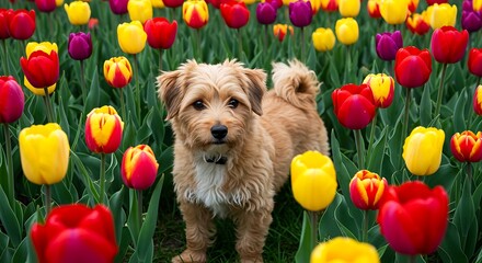 Adorable dog standing amidst vibrant tulips in a colorful garden setting