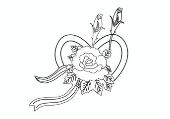A romantic illustration of a rose within a heart shape with ribbon and buds, isolated on white background