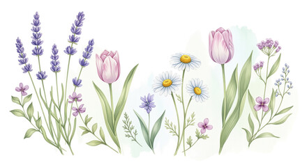 Delicate Watercolor Wildflower Arrangement with Lavender, Tulips, and Daisies in Soft Pastel Tones on a White Background