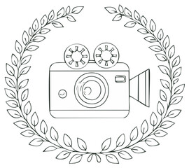 Hand drawn vintage film camera with classic reels framed by elegant laurel wreath illustration