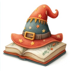 Colorful Witch Hat on Open Book with Magical Stars and Whimsical Design Elements, Halloween theme