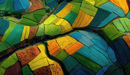 Vibrant aerial view showcases a stunning patchwork of colorful agricultural fields in a breathtaking natural landscape, evoking wonder and beauty.