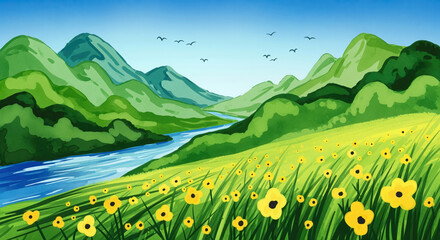 A Vibrant Watercolor-Style Summer Landscape with Lush Green Mountains, a Winding Blue River, and a Meadow of Yellow Flowers Under a Clear Sky.