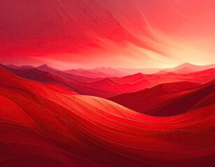 Red Landscape with Rolling Hills under a Vivid Sunset Sky