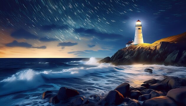 majestic lighthouse illuminating rocky coastline under starry night sky with waves