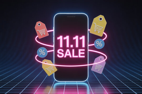 Dynamic 11.11 online sale event flashing on smartphone screen with vibrant shopping tags and neon glow, perfect for digital marketing campaigns and e-commerce promotions