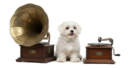 Adorable maltese dog poses beside antique gramophones on white background