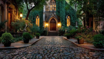 A charming cobblestone alleyway leads past an ancient church, enveloped in greenery and soft evening light.