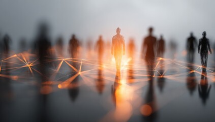 Dynamic network of glowing connections illuminates diverse figures moving forward in abstract digital space