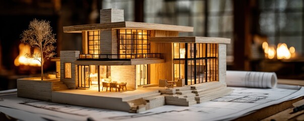 Stunning architectural model of a modern luxury home illuminated at dusk, showcasing intricate design details and blueprints