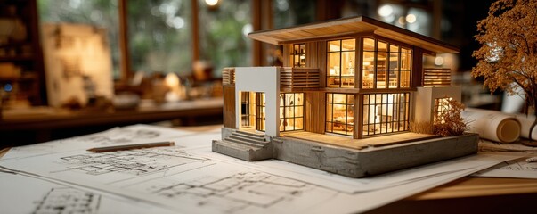 Stunning architectural model showcasing modern home design on blueprints, perfect for real estate and construction projects.