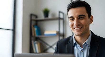 Smiling businessman in suit during a video call.