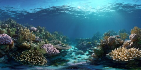 Obraz premium Underwater coral reef exploration ocean hdr panoramic environment map equirectangular view