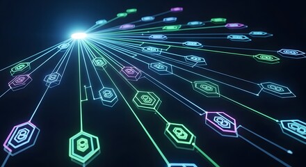 Abstract digital network visualization with glowing hexagonal nodes connected by light beams on a dark background.