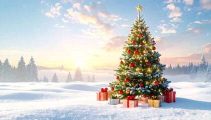 Illuminated christmas tree with presents in winter landscape