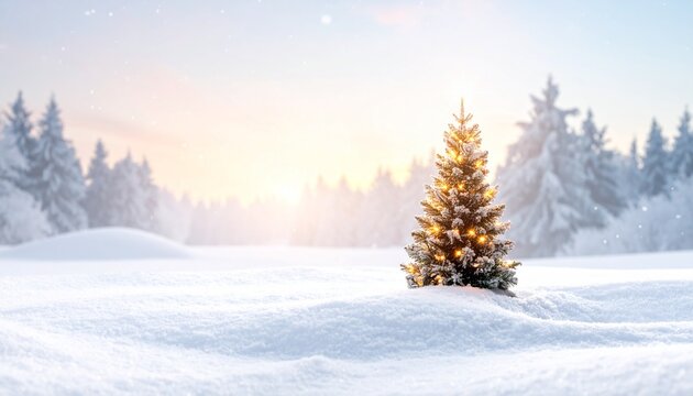 Illuminated christmas tree in snow, winter landscape