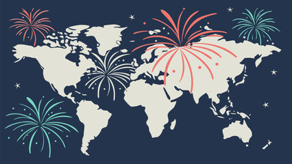 Celebrate Global Festivities With This World Map and Fireworks Display, Ideal for International Celebrations and Worldwide Events, Perfect for Holiday Greetings
