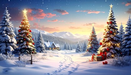 Illuminated christmas trees in winter landscape