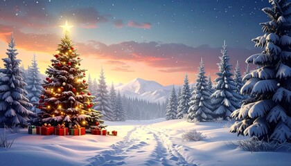 Illuminated christmas tree with presents in winter landscape