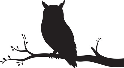 black and white cute owl sitting on branch vector illustration