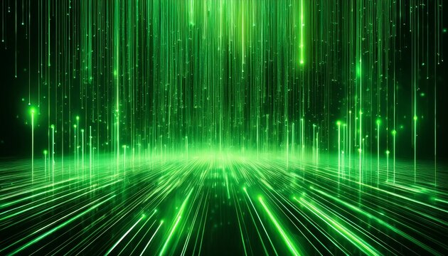 dynamic digital rain of glowing green light streaks an abstract technology background with a futuristic texture and overlay effect
