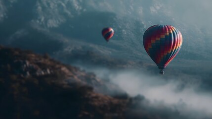Fototapeta premium Vibrant hot air balloons glide over a misty mountainous landscape at dawn evoking a sense of adventure and escape