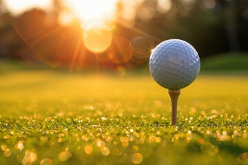 Golf ball on wooden tee at green course during sunset, closeup sport concept symbolizing competition, leisure, training, tournament and outdoor recreational activity