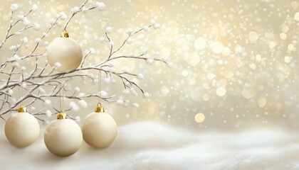 Elegant Christmas ornaments hanging on snowy white branch with golden bokeh background, festive winter holiday decoration symbolizing joy, celebration and tradition
