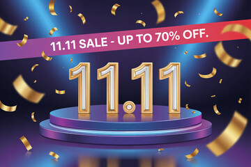 Celebrate massive savings with a dazzling 11.11 sale featuring up to 70% off, adorned with shimmering gold confetti and a dramatic spotlight for ultimate shopping excitement.