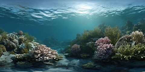 Fototapeta premium Underwater coral reef ecosystem hdri panoramic view equirectangular environment