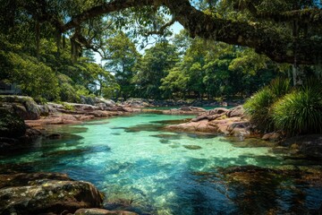 A tranquil cove, shaded by a large, ancient tree, boasts crystal-clear turquoise water lapping around vibrant red-toned rocks. Lush greenery surrounds the serene scene.