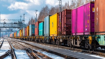 Fototapeta premium A colorful freight train transports cargo on a sunny day, railway logistics showing the global distribution of goods on transportation network, industry and economy.