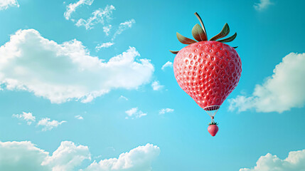 Surreal hot air balloon shaped like a strawberry floating in blue sky with clouds