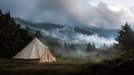 A serene bell tent stands alone in a misty mountain forest bathed in soft natural light under a cloudy sky
