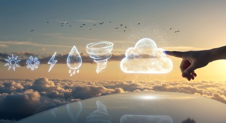 Weather control concept with hand interacting with climate icons above cloudscape, futuristic technology.